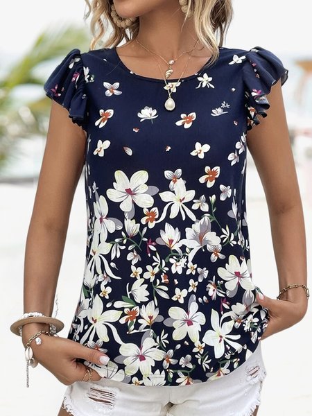 Loose Vacation Floral Crew Neck Floral Print Butterfly Sleeve T-Shirt, Blue, T-Shirts
Loose Vacation Floral Crew Neck Floral Print Butterfly Sleeve T-Shirt, Blue, T-Shirts
