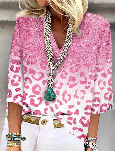 Leopard V Neck Casual Shirt, Pink, Shirts & Blouses