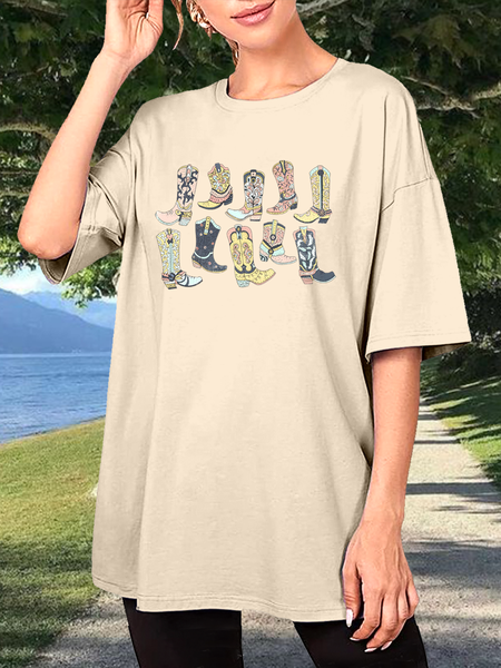 Women’s Cowgirl Boots Graphic Casual Oversize T-Shirt, Apricot, T-shirts