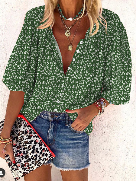 Buttoned Casual Crew Neck Blouse, Green, Shirts & Blouses