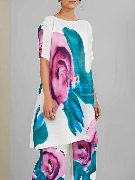 Loose Vacation Crew Neck Floral Shirt, White, Blouses and Shirts