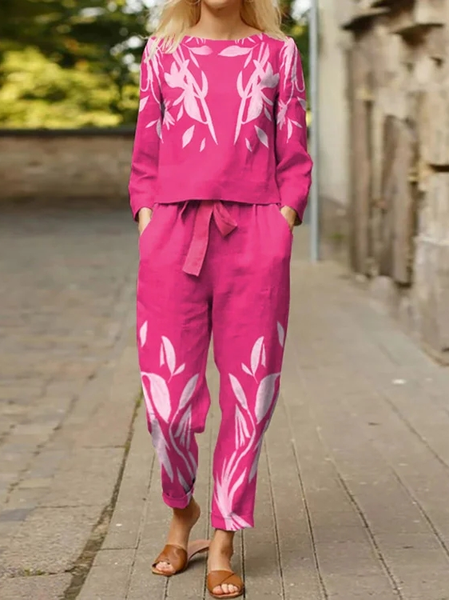 Crew Neck Floral Casual Two-Piece Set, Rose red, Suit Set