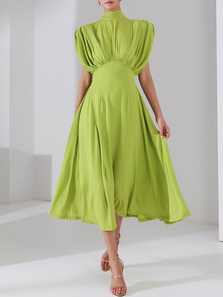 Plain Elegant Stand Collar Regular Fit Dress, Green, Midi Dresses