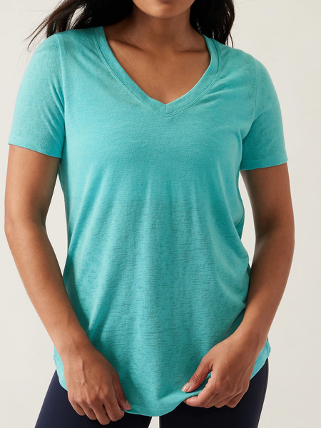 Cotton V Neck Casual T-Shirt, Cyan, T-Shirts