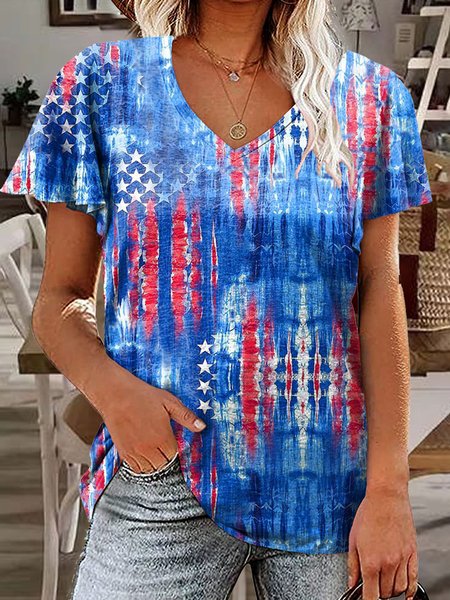 Women's V Neck Casual America Flag Tie Dye Print T-Shirt, Blue, T-shirts