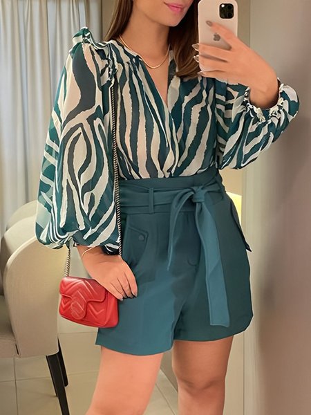 Loose Shirt Collar Urban Striped Blouse, Green, Blouses and Shirts
