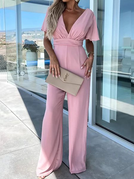 Plain Casual V Neck Loose Jumpsuit, Pink, Jumpsuits&Rompers