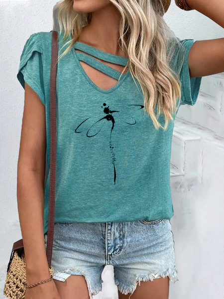 Loose Dragonfly V Neck Casual T-Shirt, Blue, Tops
