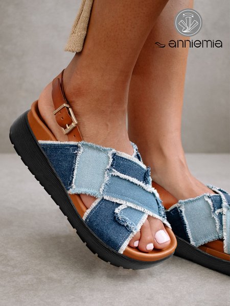 Denim Blue Plaid Stitching Cross Stripes Casual Sandals, Sandals