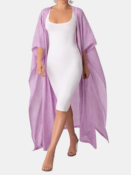 Loose V neck Short sleeve Vacation Long Kimono, Purple, Others