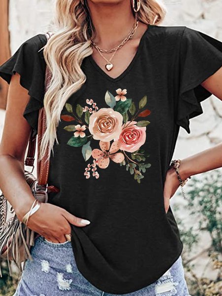 Women's Casual V Neck Floral Mother's day T-Shirt, Black, T-shirts