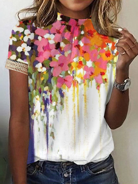 Stand Collar Loose Casual Lace T-Shirt, White, T-Shirts