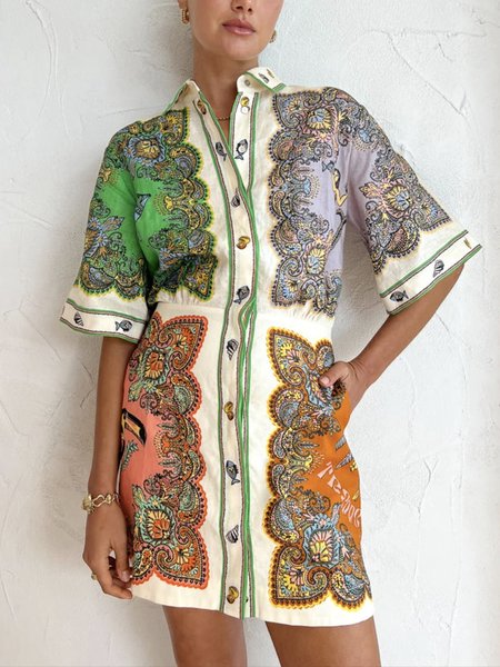 Regular Fit Vacation Ethnic Shirt Collar Dress, As picture, Mini Dresses