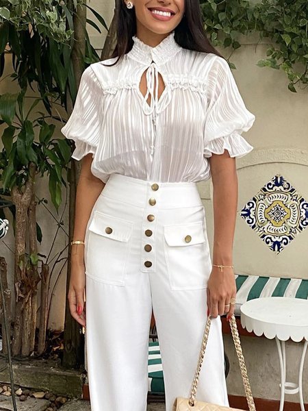 Elegant Plain Loose Stand Collar Blouse, White, Blouses and Shirts