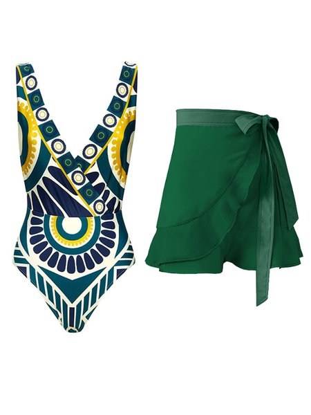 Vacation Abstract Printing V Neck One Piece With Cover Up, Green, Swimsuit with Coverups
Vacation Abstract Printing V Neck One Piece With Cover Up, Green, Swimsuit with Coverups