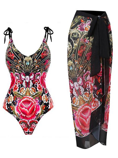 Vacation Abstract Printing Scoop Neck One Piece With Cover Up, Red, swimwear>>One-Pieces