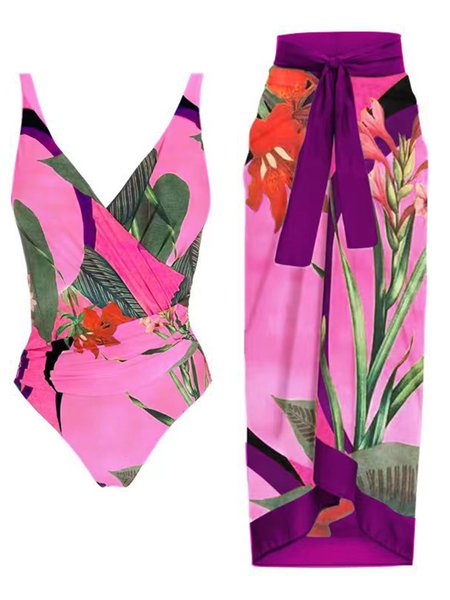 Sexy Plants Cross One Piece With Cover Up, Pink, swimwear>>One-Pieces