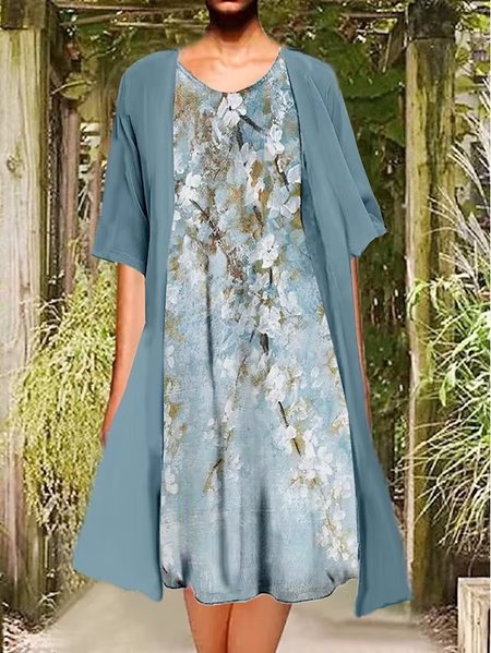 Floral Loose Casual Crew Neck Two-Piece Set, Blue, Dresses