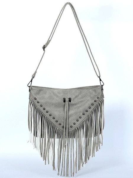 Retro Leather Tassel Messenger Bag Western Style Music Festival Women's Shoulder Bag, Gray, Women's Bags