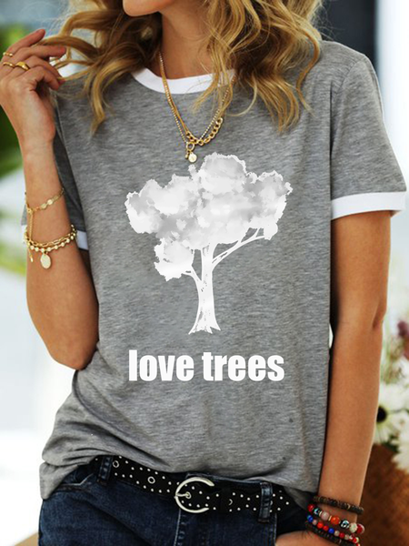 Women’s Love Trees Casual Loose Crew Neck T-Shirt, Gray, T-shirts
