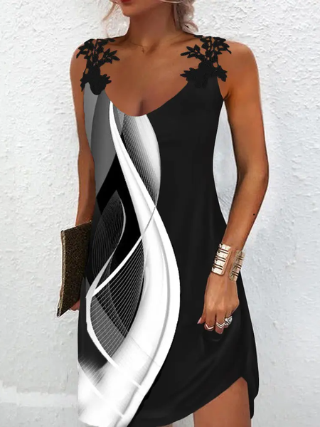 Lace Regular Fit Simple V Neck Dress, Black, Dresses
