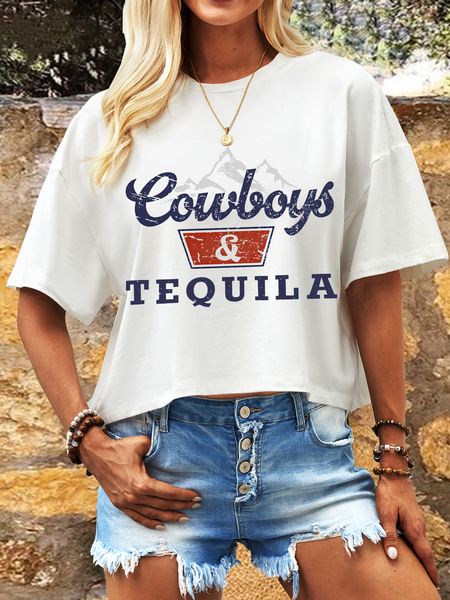 Women's Western Rodeo Cowboys & Cocktails Cotton Casual T-Shirt, White, T-shirts