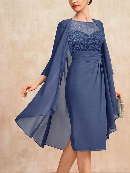 Regular Fit Crew Neck Chiffon Urban Lace Two-Piece Set, Blue, Formal Dresses