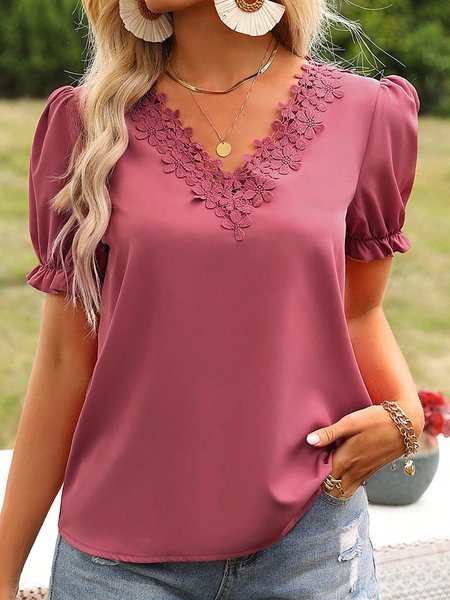 V Neck Plain Lace Simple Shirt, Red, Shirts & Blouses