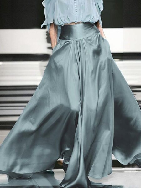 Long Elegant Regular Fit Plain Skirt, Blue, Skirts