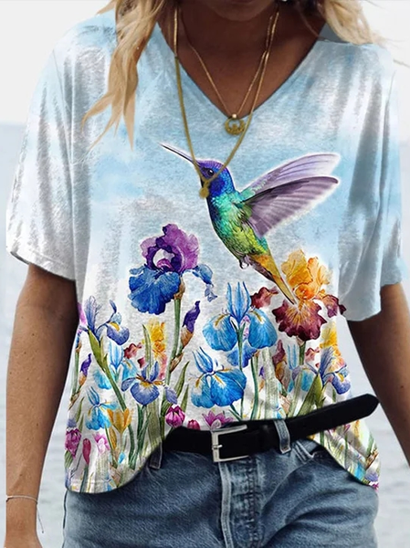 Hummingbird Flower Print Casual V Neck T-Shirt, Blue, T-Shirts