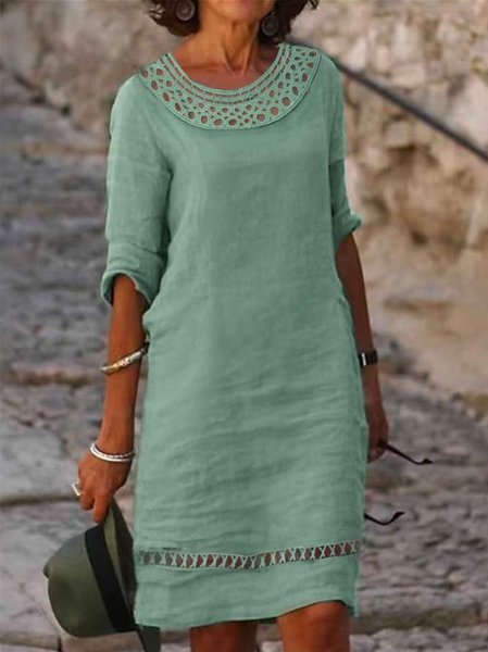Plain Crew Neck Lace Vacation Linen Dress, Green, Dresses