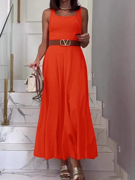 Regular Fit Square Neck Sleeveless Plain Elegant Long Dress, Red, Maxi Dresses