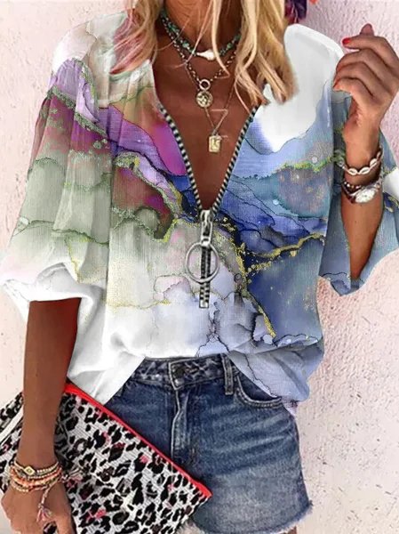 Ombre Casual V Neck Loose Blouse, Blue, Shirts & Blouses