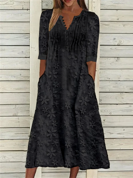 Half Open Collar Loose Linen Dress, Black, Dresses