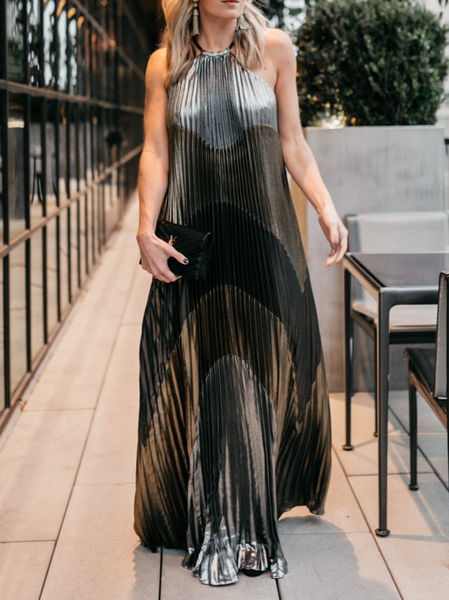 Wedding Guest Elegant Color Block Halter Dress, Multicolor, Maxi Dresses