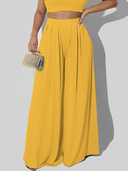 Loose Urban Plain Wide leg Pants, Yellow, Pants