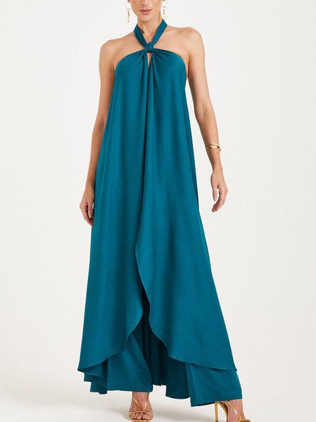 Party Loose Satin Vintage Halter Dress, Blue, Maxi Dresses