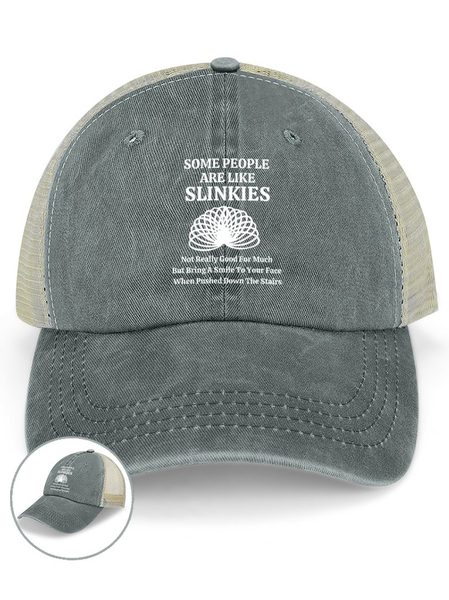 

Men’s Some People Are Like Slinkies Not Really Good For Much But Bring A Smile To Your Face When Pushed Down The Stairs Washed Mesh-back Baseball Cap, Light gray, Women's Hats