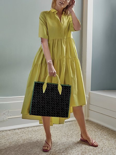 Plain Loose Shirt Collar Casual Dress, Yellow, Midi Dresses