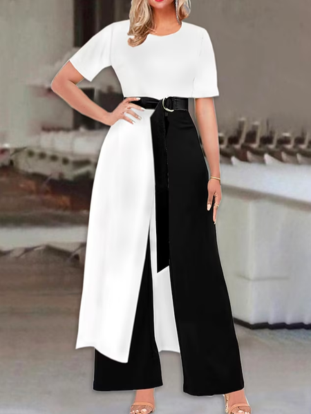 Crew Neck Urban Color Block Loose Jumpsuit With Belt, White, Jumpsuits&Rompers
Crew Neck Urban Color Block Loose Jumpsuit With Belt, White, Jumpsuits&Rompers