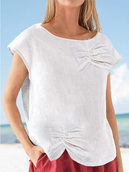 Women's Linen Gathered Fashion Versatile Casual T-Shirt Top, White, Tees & T-shirts