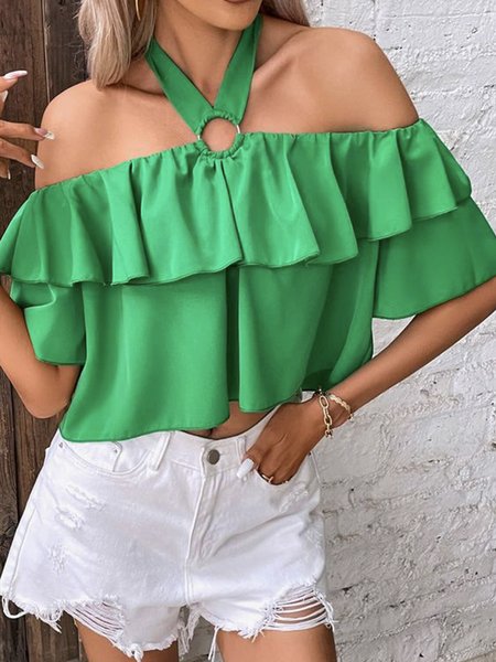 Regular Fit Cold Shoulder Plain Elegant Shirt, Green, Blouses and Shirts