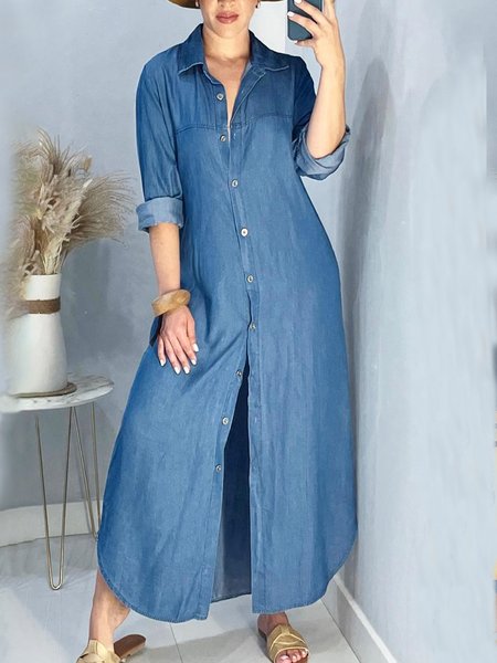 Shirt Collar Casual Loose Plain Faux Denim Maxi Dress With No Belt, Blue, Maxi Dresses
Shirt Collar Casual Loose Plain Faux Denim Maxi Dress With No Belt, Blue, Maxi Dresses