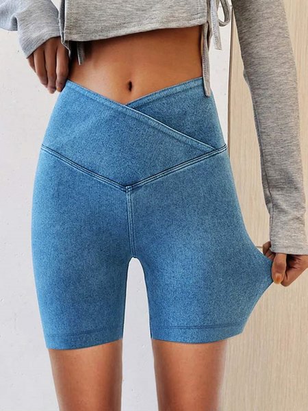 Tight Plain Denim Casual Cross Leggings, Blue, Leggings