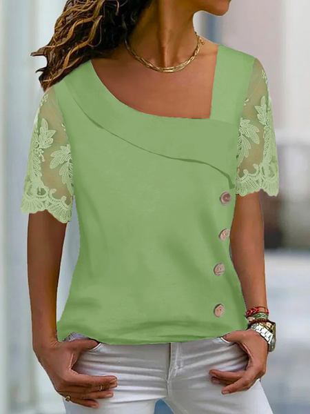 

Casual Asymmetrical Neck Buttoned Mesh Shirt, Green, Shirts & Blouses
