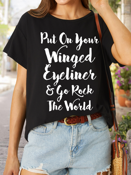 Women’s Put On Winged Eyeliner & Go Rock The World Text Letters Casual Crew Neck T-Shirt, Black, T-shirts
Women’s Put On Winged Eyeliner & Go Rock The World Text Letters Casual Crew Neck T-Shirt, Black, T-shirts