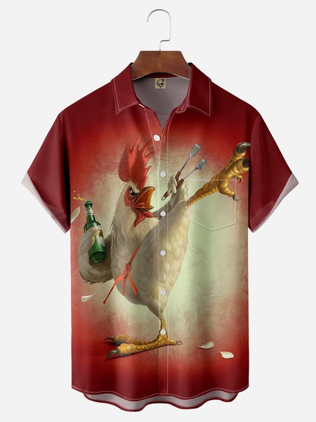 Gongfu Rooster Chest Pocket Short Sleeve Casual Shirt, Red, Men Shirts