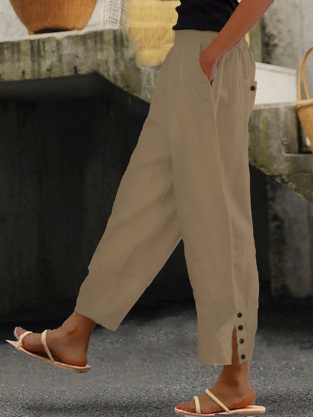 

Women Casual Half Open Button Hem Elastic Waist Pockets Comfy Lounge Workout Plain Cotton Pants, Khaki, Pants