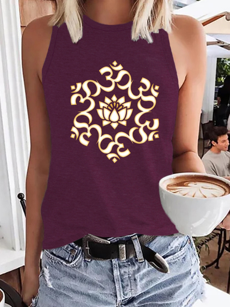 Women’s Lotus Flower Cotton Casual Tank Top, Wine red, Tank Tops