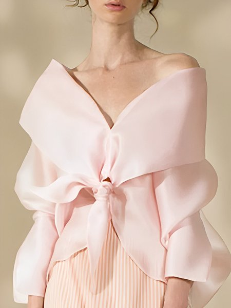 Elegant V Neck Regular Fit Plain Blouse, Pink, Blouses and Shirts